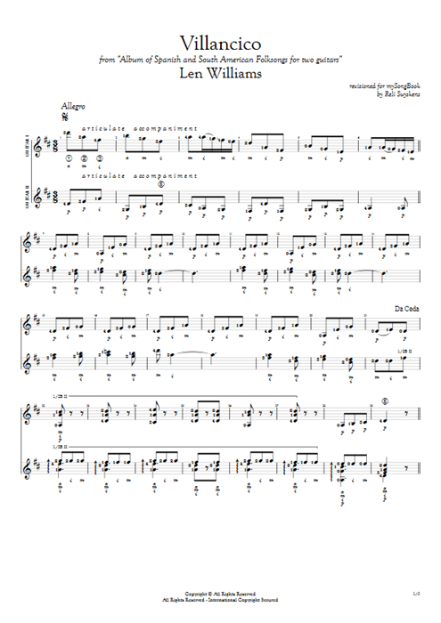 Villancico Len Williams guitar pro tab Full Score Guitar Duet mysongbook