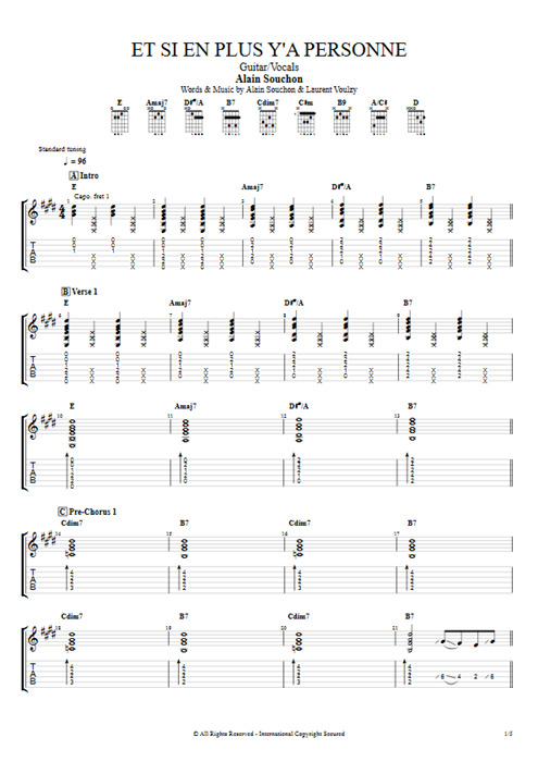 Et si en plus y'a personne Alain Souchon guitar pro tab AGuitar Guitar & Vocals mysongbook