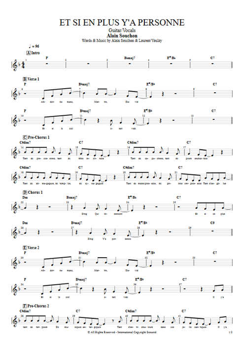 Et si en plus y'a personne Alain Souchon guitar pro tab Vocals Guitar & Vocals mysongbook