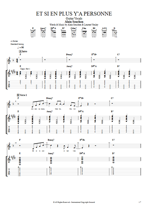 Et si en plus y'a personne Alain Souchon guitar pro tab Full Score Guitar & Vocals mysongbook