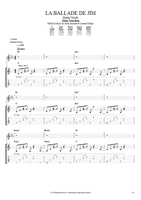 La Ballade de Jim Alain Souchon guitar pro tab Full Score Guitar & Vocals mysongbook