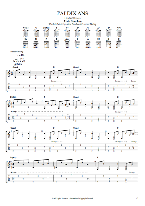 J'ai dix ans Alain Souchon guitar pro tab AGuitar Guitar & Vocals mysongbook