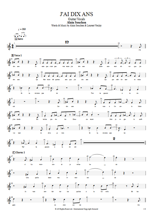 J'ai dix ans Alain Souchon guitar pro tab Vocals Guitar & Vocals mysongbook