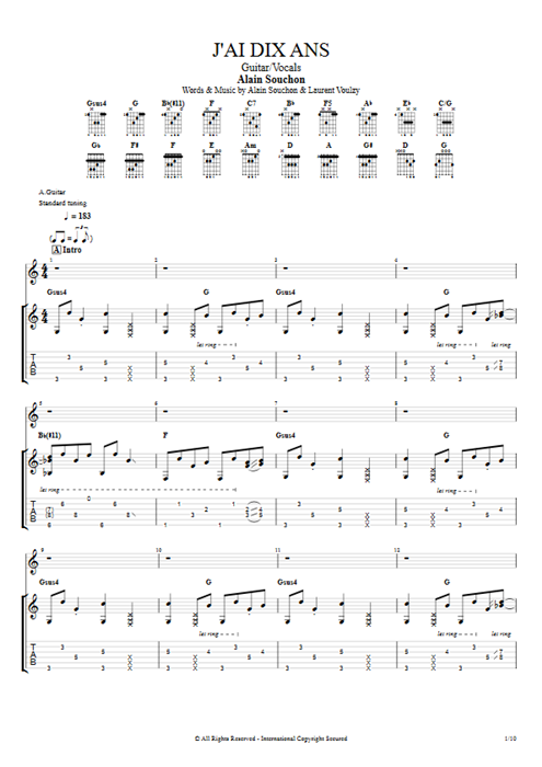 J'ai dix ans Alain Souchon guitar pro tab Full Score Guitar & Vocals mysongbook