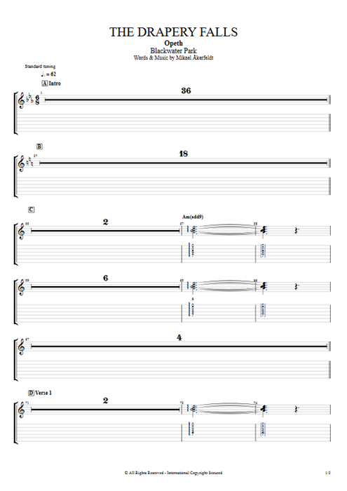 The Drapery Falls Opeth guitar pro tab EGuitarIV Full Score mysongbook