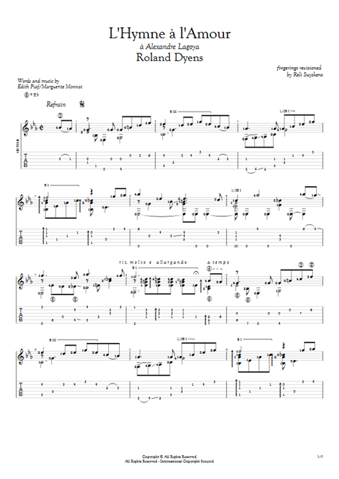L'hymne à l'amour Roland Dyens guitar pro tab AGuitar Solo Guitar mysongbook