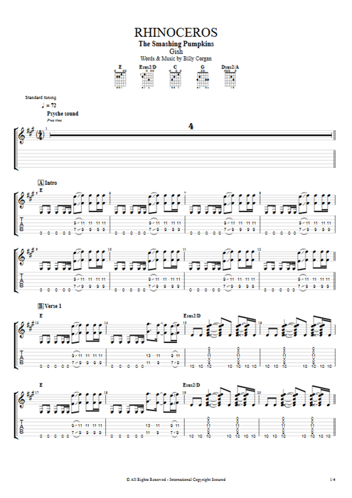 Rhinoceros The Smashing Pumpkins guitar pro tab EGuitarII Full Score mysongbook
