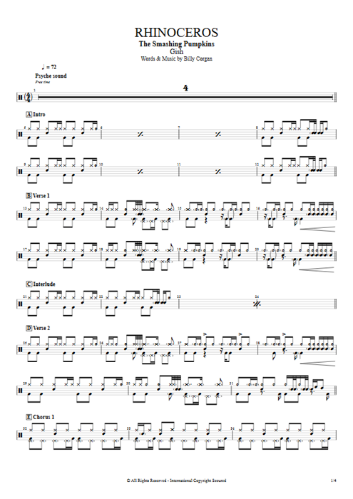 Rhinoceros The Smashing Pumpkins guitar pro tab Drums Full Score mysongbook