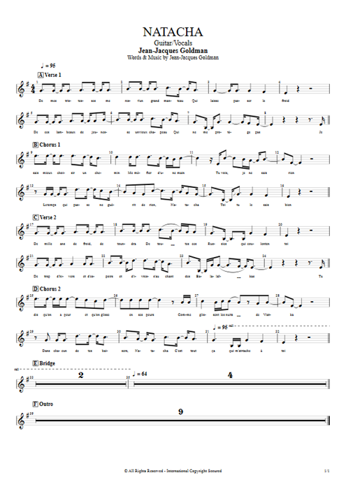 Natacha Jean-Jacques Goldman guitar pro tab Vocals Guitar & Vocals mysongbook