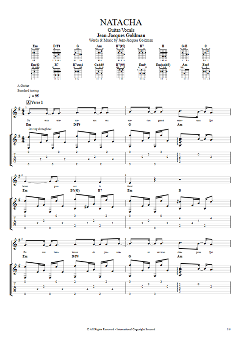Natacha Jean-Jacques Goldman guitar pro tab Full Score Guitar & Vocals mysongbook