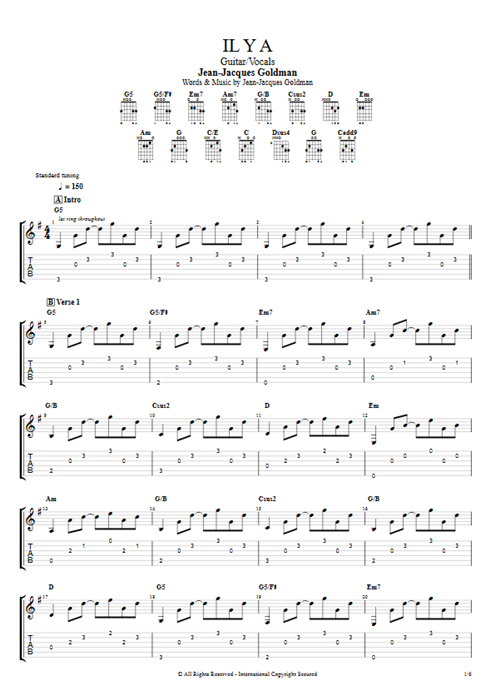 Il y a Jean-Jacques Goldman guitar pro tab AGuitar Guitar & Vocals mysongbook
