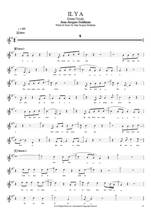 Il y a Jean-Jacques Goldman guitar pro tab Vocals Guitar & Vocals mysongbook