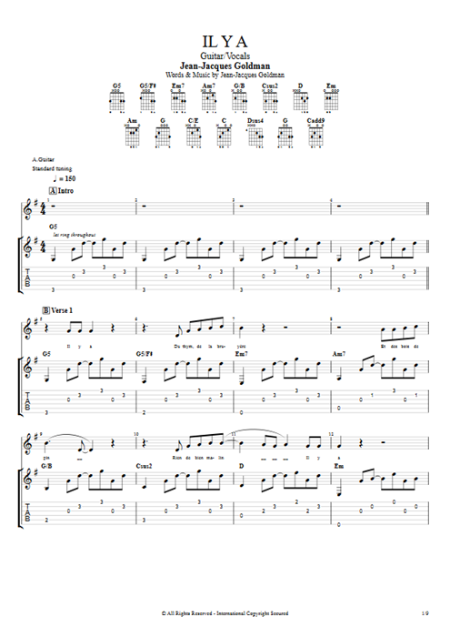 Il y a Jean-Jacques Goldman guitar pro tab Full Score Guitar & Vocals mysongbook