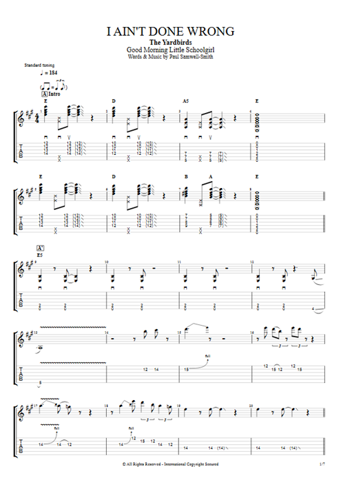 I Ain't Done Wrong The Yardbirds guitar pro tab EGuitarI Full Score mysongbook