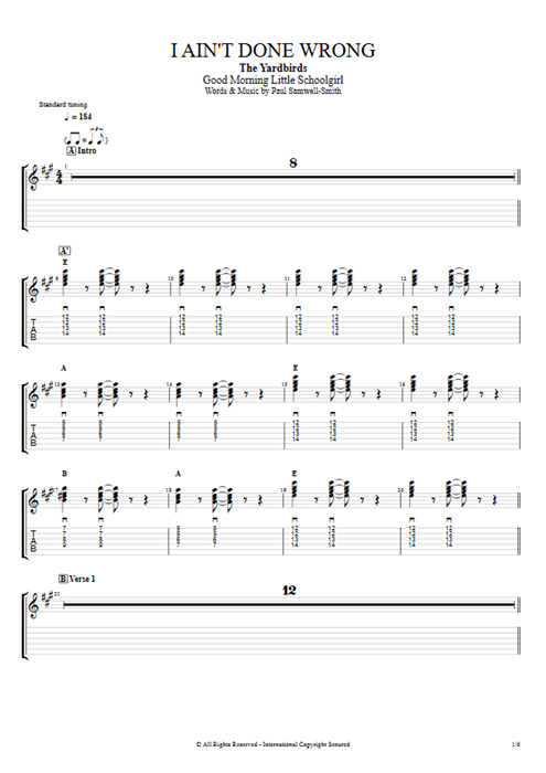 I Ain't Done Wrong The Yardbirds guitar pro tab EGuitarII Full Score mysongbook