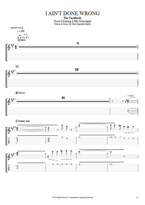 I Ain't Done Wrong The Yardbirds guitar pro tab EGuitarIII Full Score mysongbook