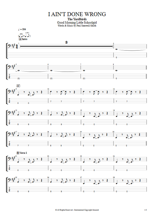 I Ain't Done Wrong The Yardbirds guitar pro tab EBass Full Score mysongbook