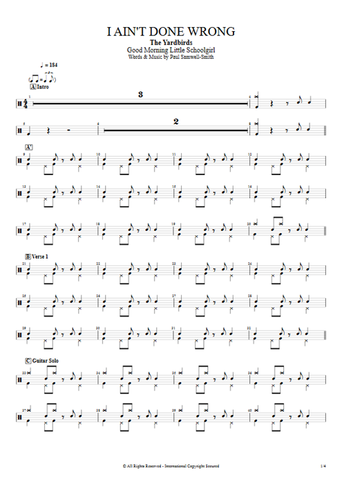 I Ain't Done Wrong The Yardbirds guitar pro tab Drums Full Score mysongbook