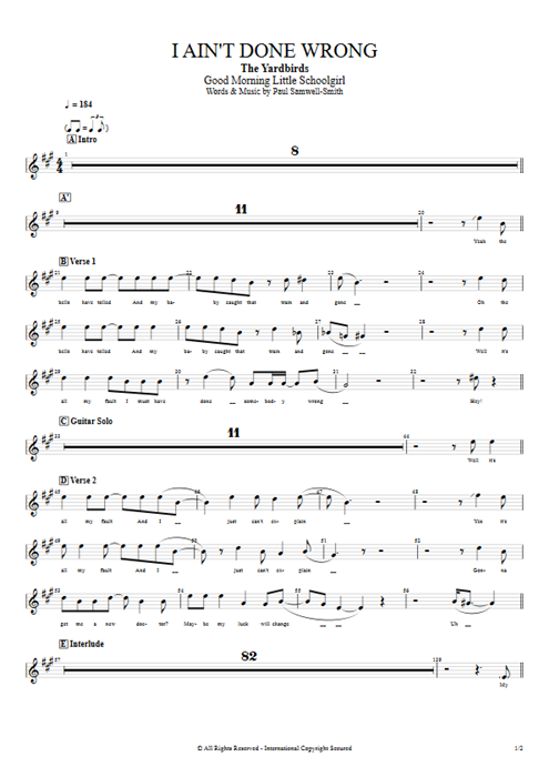 I Ain't Done Wrong The Yardbirds guitar pro tab Vocals Full Score mysongbook