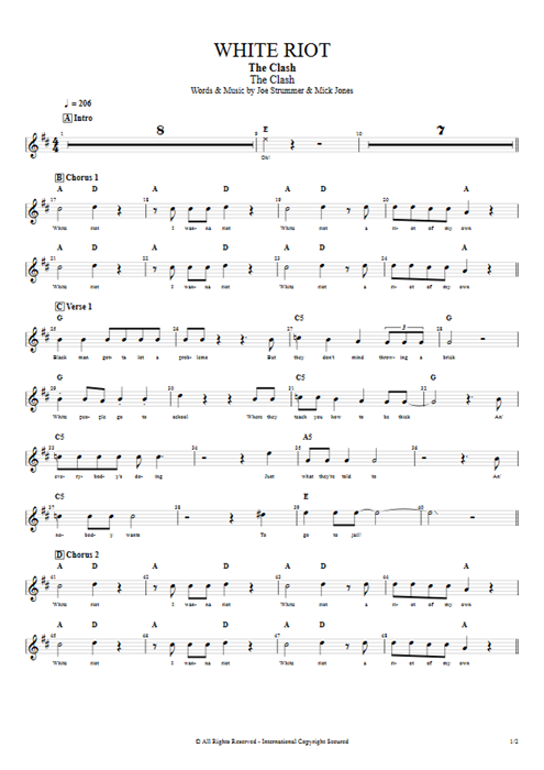 White Riot The Clash guitar pro tab Vocals Full Score mysongbook