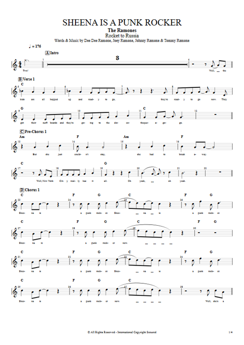 Sheena Is a Punk Rocker Ramones guitar pro tab Vocals Full Score mysongbook