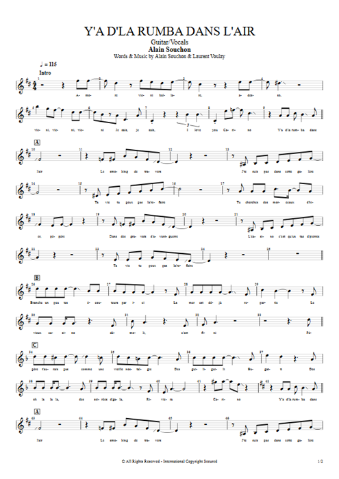 Y'a d'la rumba dans l'air Alain Souchon guitar pro tab Vocals Guitar & Vocals mysongbook