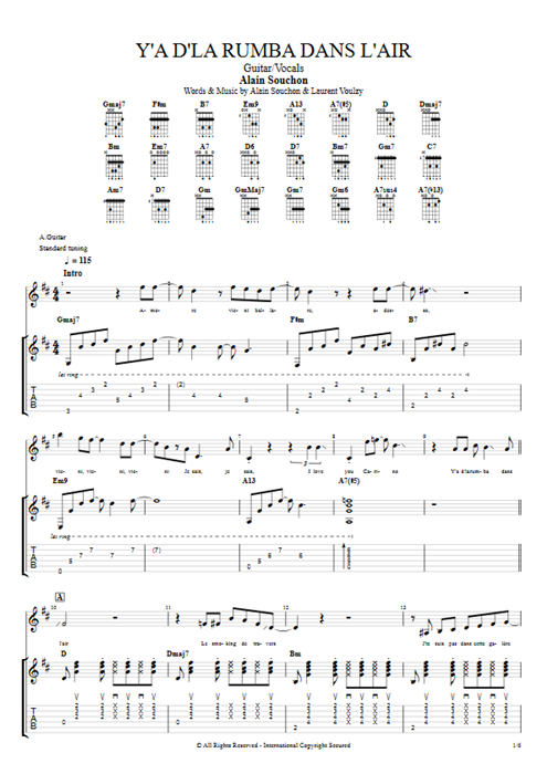 Y'a d'la rumba dans l'air Alain Souchon guitar pro tab Full Score Guitar & Vocals mysongbook