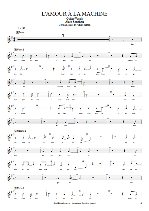 L'amour à la machine Alain Souchon guitar pro tab Vocals Guitar & Vocals mysongbook