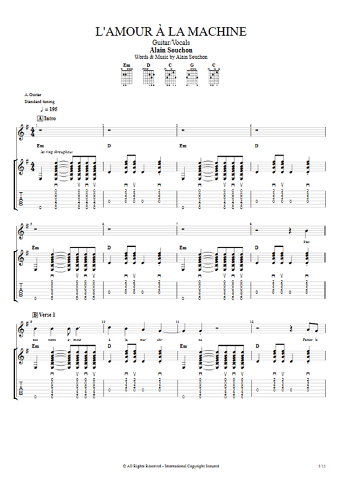 L'amour à la machine Alain Souchon guitar pro tab Full Score Guitar & Vocals mysongbook