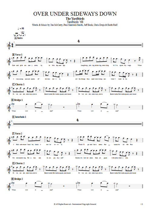 Over Under Sideways Down The Yardbirds guitar pro tab Vocals Full Score mysongbook