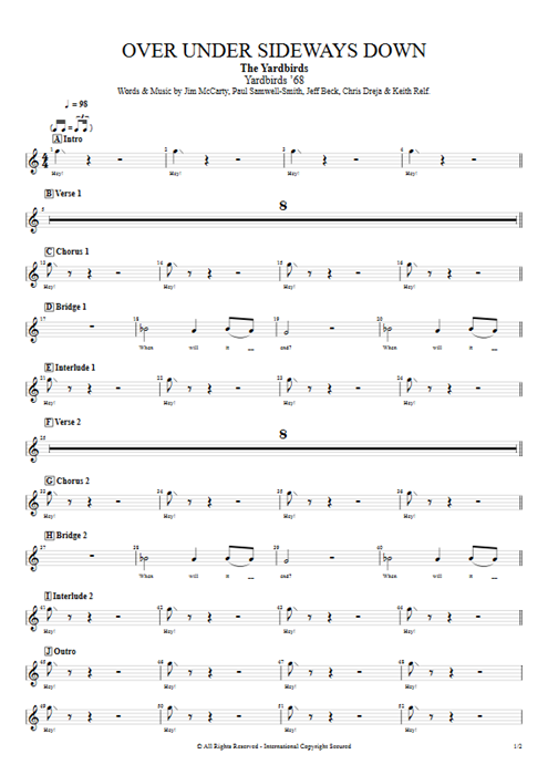 Over Under Sideways Down The Yardbirds guitar pro tab BackVocII Full Score mysongbook