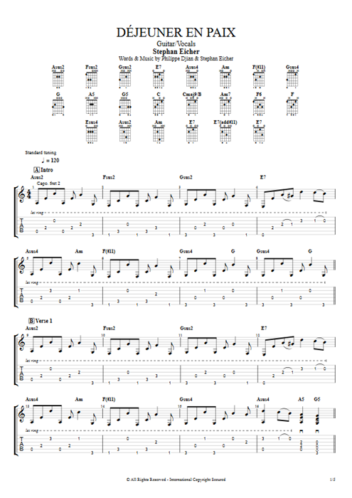 Déjeuner en paix Stephan Eicher guitar pro tab AGuitar Guitar & Vocals mysongbook