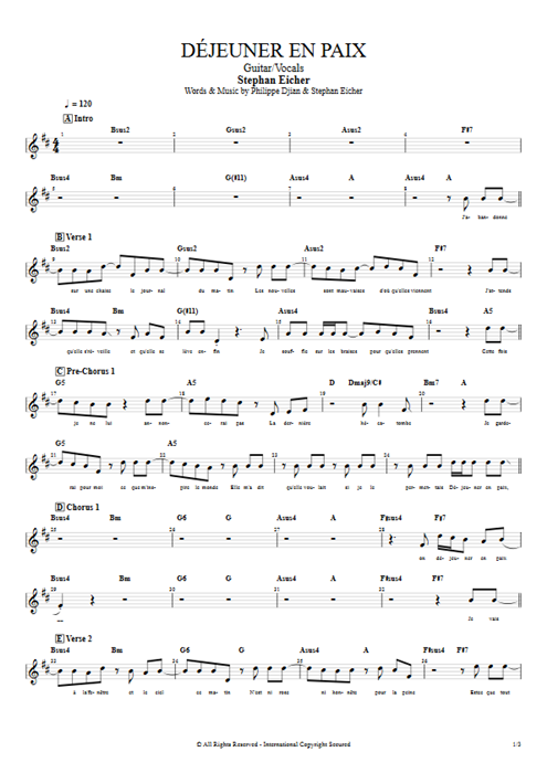 Déjeuner en paix Stephan Eicher guitar pro tab Vocals Guitar & Vocals mysongbook