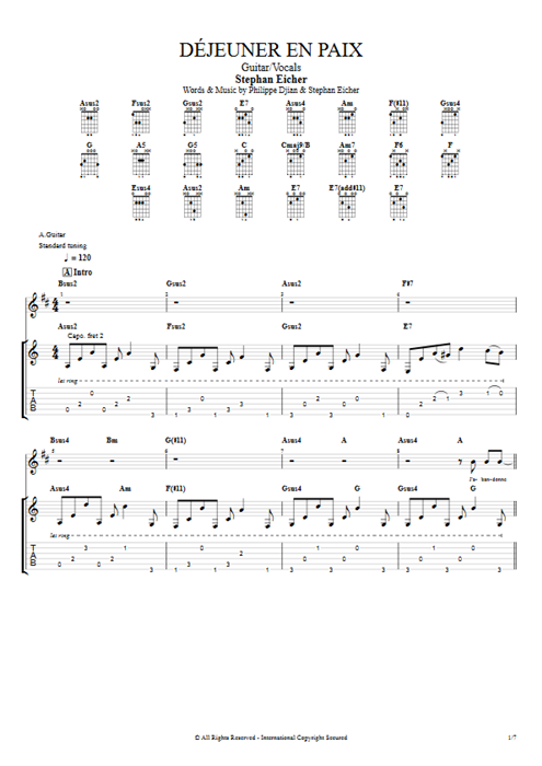 Déjeuner en paix Stephan Eicher guitar pro tab Full Score Guitar & Vocals mysongbook
