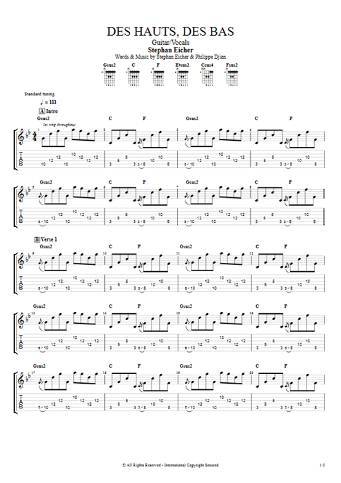 Des hauts, des bas Stephan Eicher guitar pro tab AGuitar Guitar & Vocals mysongbook