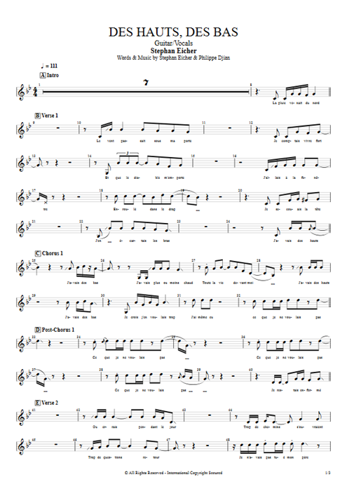 Des hauts, des bas Stephan Eicher guitar pro tab Vocals Guitar & Vocals mysongbook