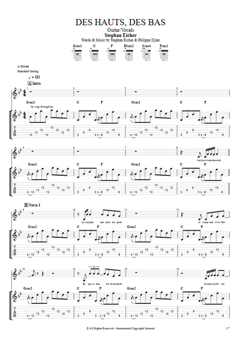 Des hauts, des bas Stephan Eicher guitar pro tab Full Score Guitar & Vocals mysongbook