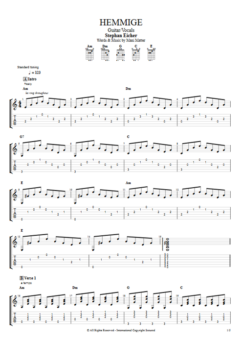 Hemmige Stephan Eicher guitar pro tab AGuitar Guitar & Vocals mysongbook