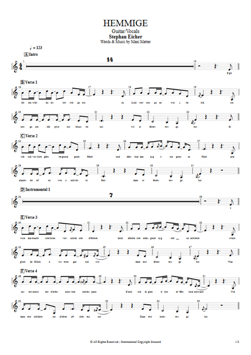 Hemmige Stephan Eicher guitar pro tab Vocals Guitar & Vocals mysongbook