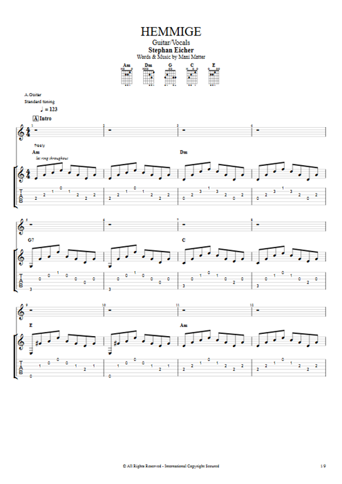 Hemmige Stephan Eicher guitar pro tab Full Score Guitar & Vocals mysongbook