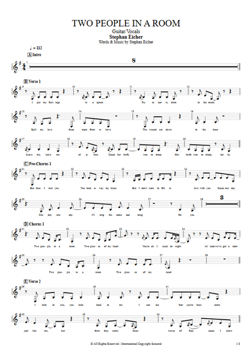 Two People in a Room Stephan Eicher guitar pro tab Vocals Guitar & Vocals mysongbook