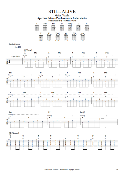 Still Alive Aperture Science Psychoacoustic Laboratories guitar pro tab AGuitar Guitar & Vocals mysongbook
