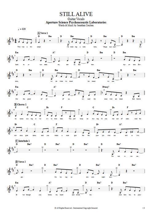 Still Alive Aperture Science Psychoacoustic Laboratories guitar pro tab Vocals Guitar & Vocals mysongbook