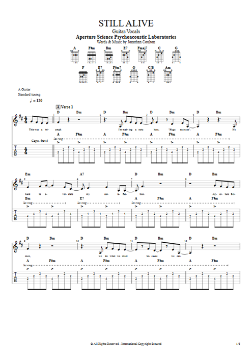 Still Alive Aperture Science Psychoacoustic Laboratories guitar pro tab Full Score Guitar & Vocals mysongbook
