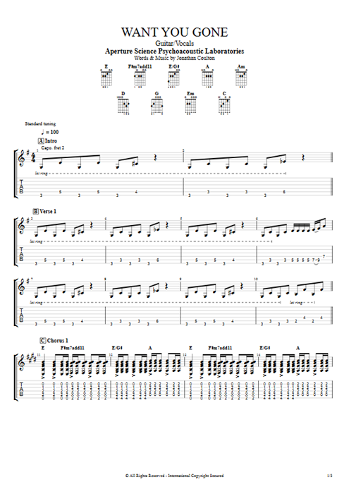 Want You Gone Aperture Science Psychoacoustic Laboratories guitar pro tab AGuitar Guitar & Vocals mysongbook