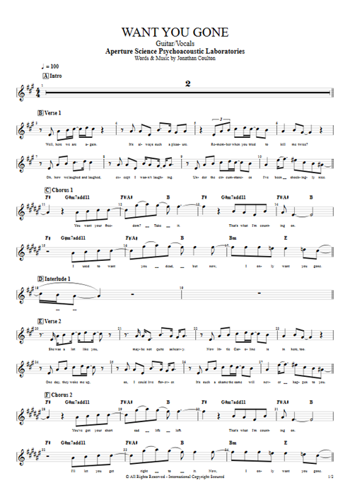 Want You Gone Aperture Science Psychoacoustic Laboratories guitar pro tab Vocals Guitar & Vocals mysongbook