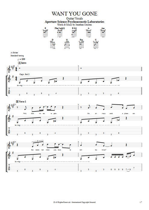 Want You Gone Aperture Science Psychoacoustic Laboratories guitar pro tab Full Score Guitar & Vocals mysongbook