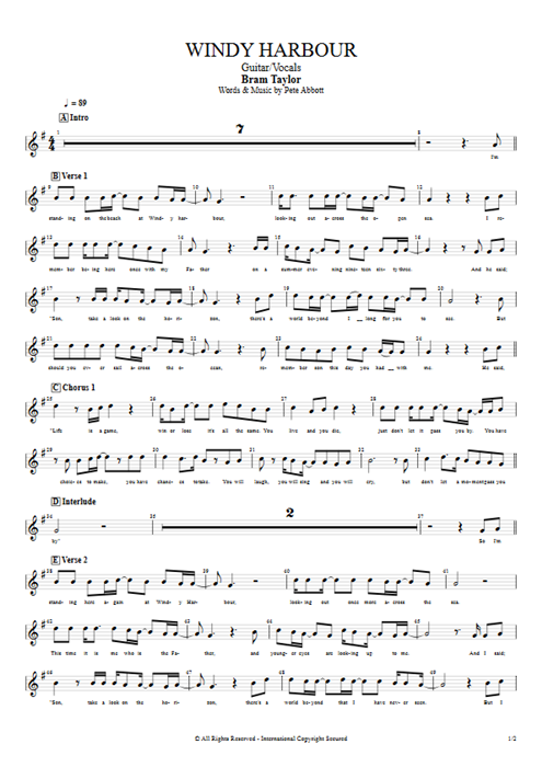 Windy Harbour Bram Taylor guitar pro tab Vocals Guitar & Vocals mysongbook