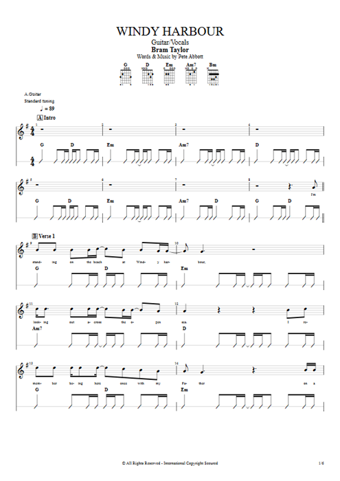 Windy Harbour Bram Taylor guitar pro tab Full Score Guitar & Vocals mysongbook