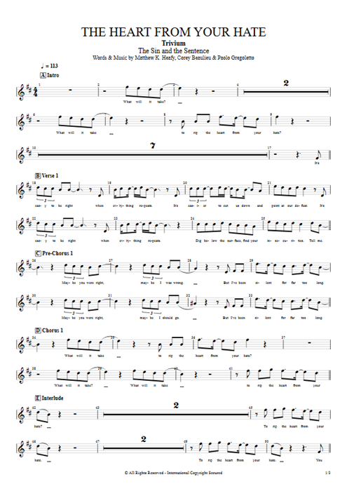 The Heart from Your Hate Trivium guitar pro tab Vocals Full Score mysongbook